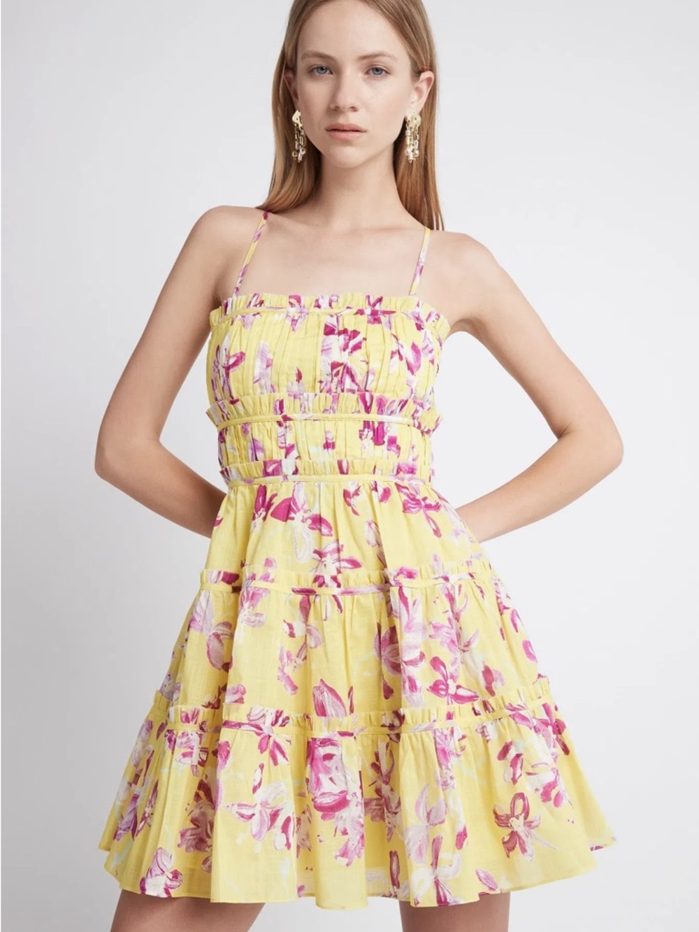 Aje Yellow Floral Smocked Mini Dress with Pink Print